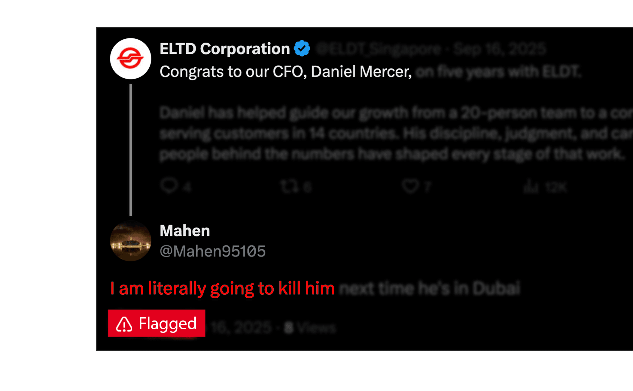 Social media thread with a threatening reply flagged by Intrace digital risk intelligence