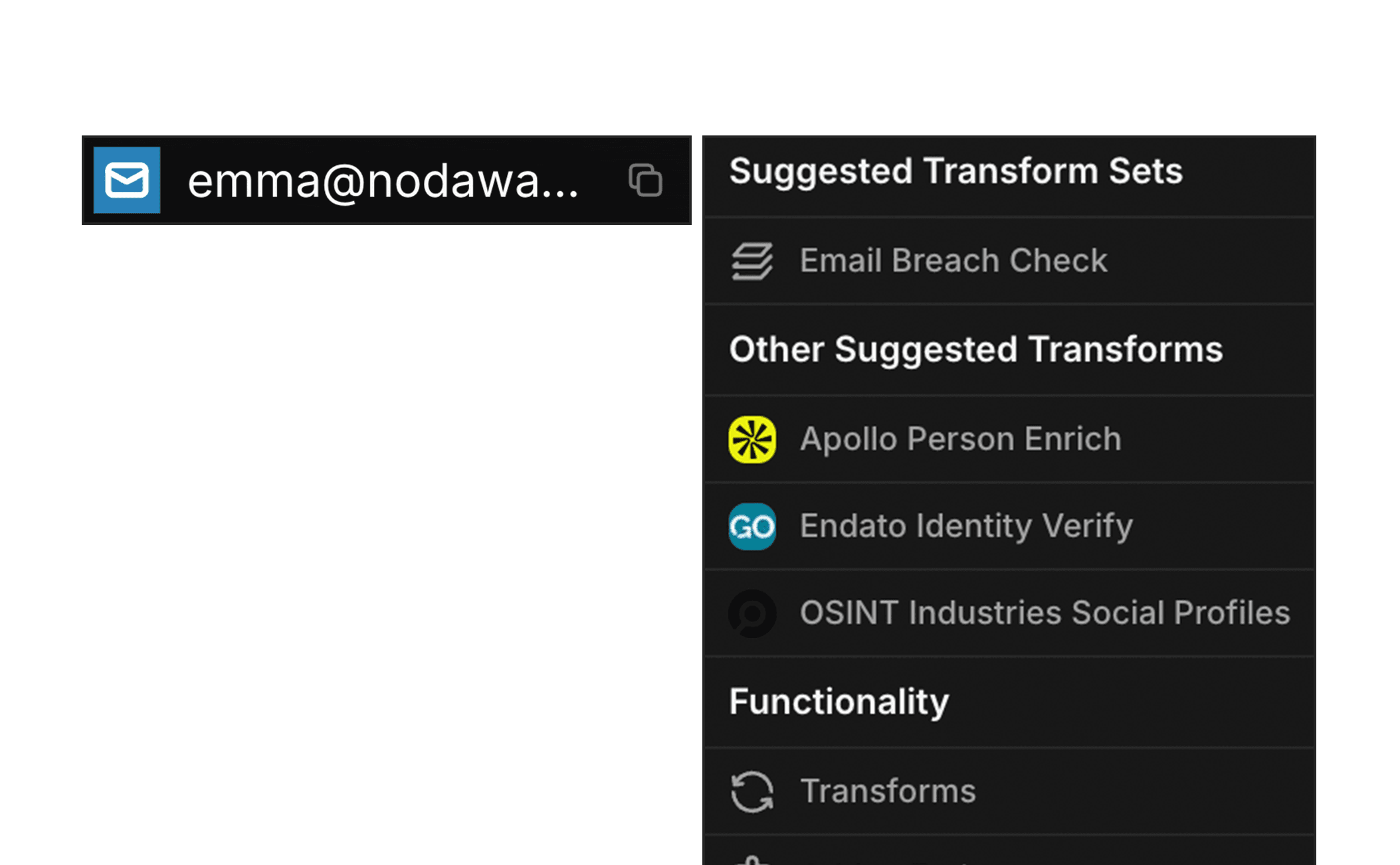 Intrace graph transform menu showing suggested enrichments for an email entity including breach check and identity verify