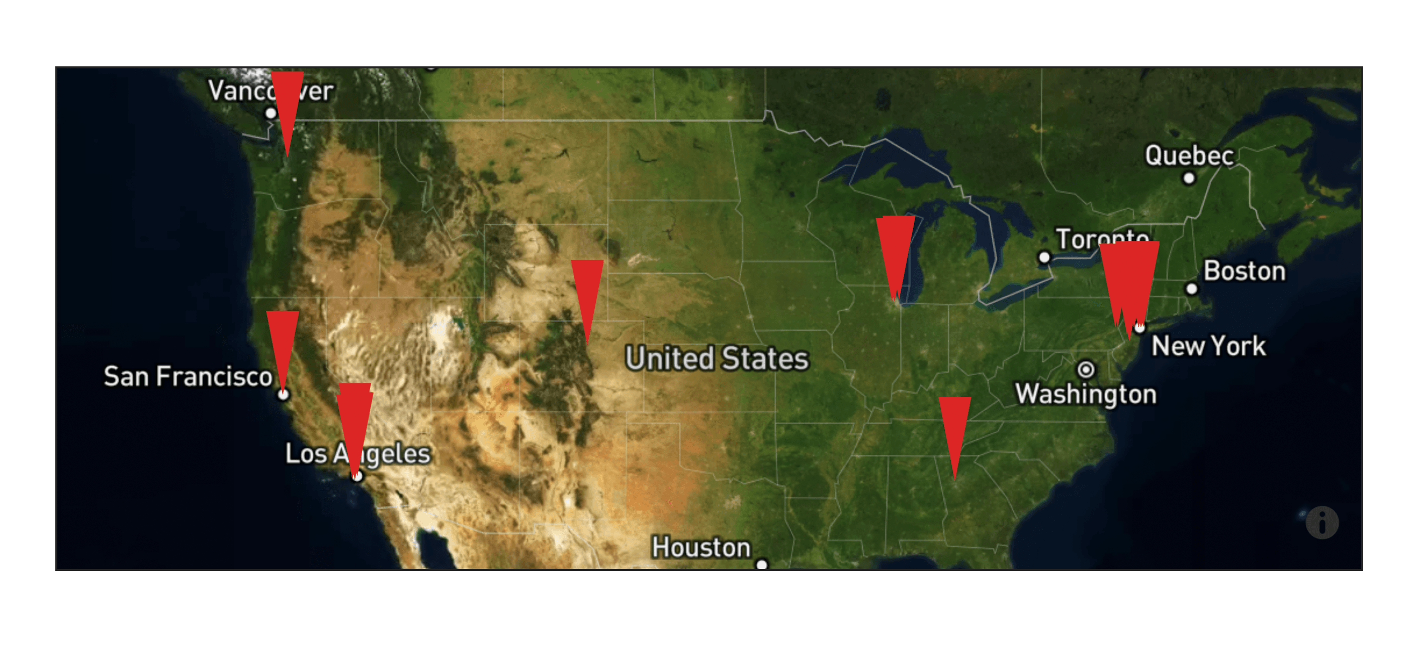 Intrace map view showing entity locations plotted across the United States with red markers