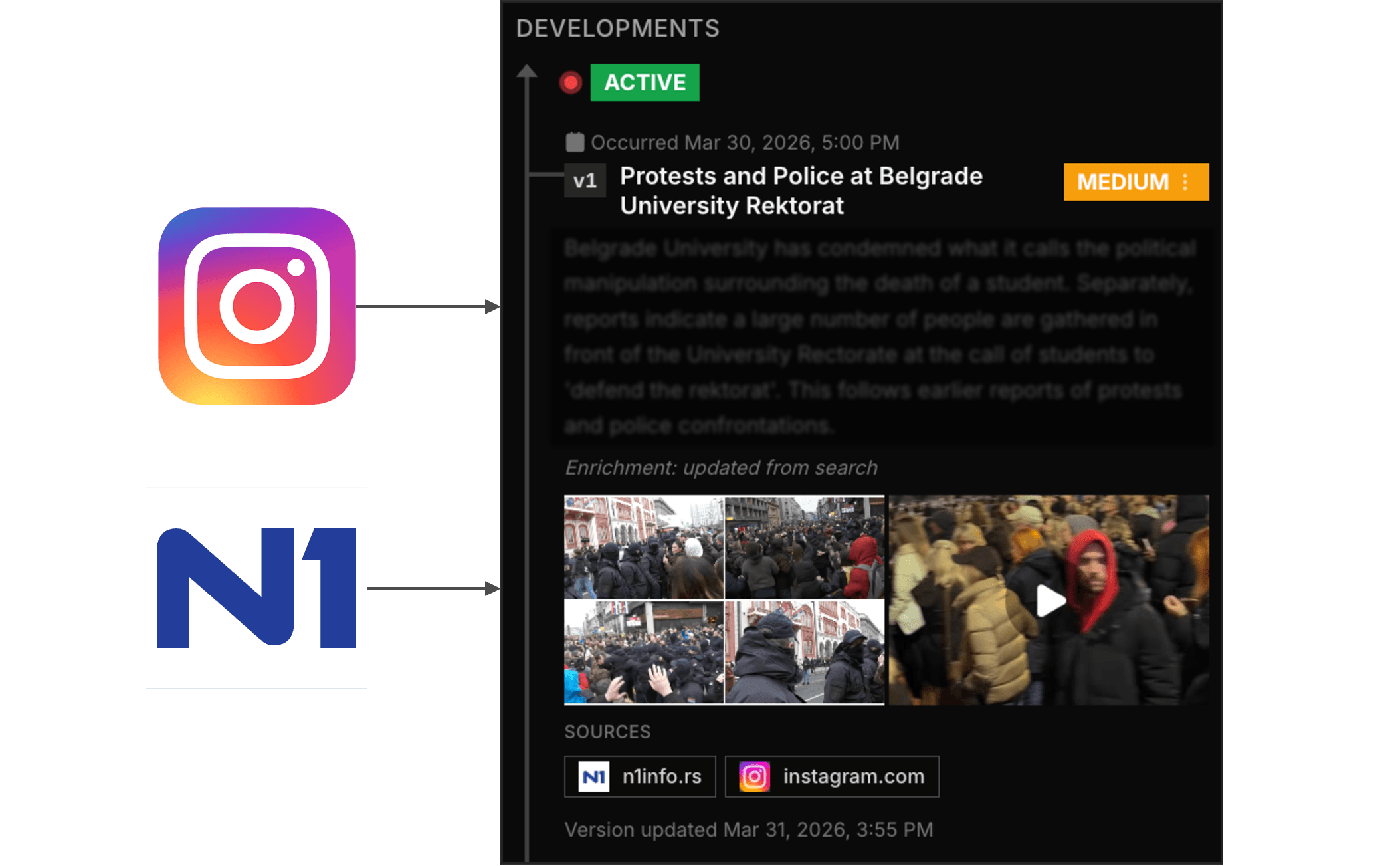 Intrace developments panel showing active protest event with AI updates from social and news sources