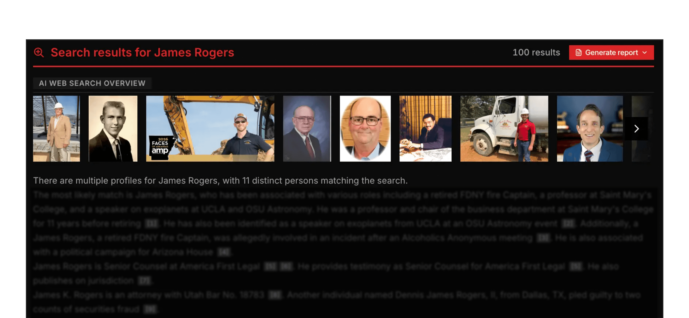 ملخص بحث الويب بالذكاء الاصطناعي في Intrace يلخص عدة ملفات تعريف باسم James Rogers مع مصادر مُستشهد بها