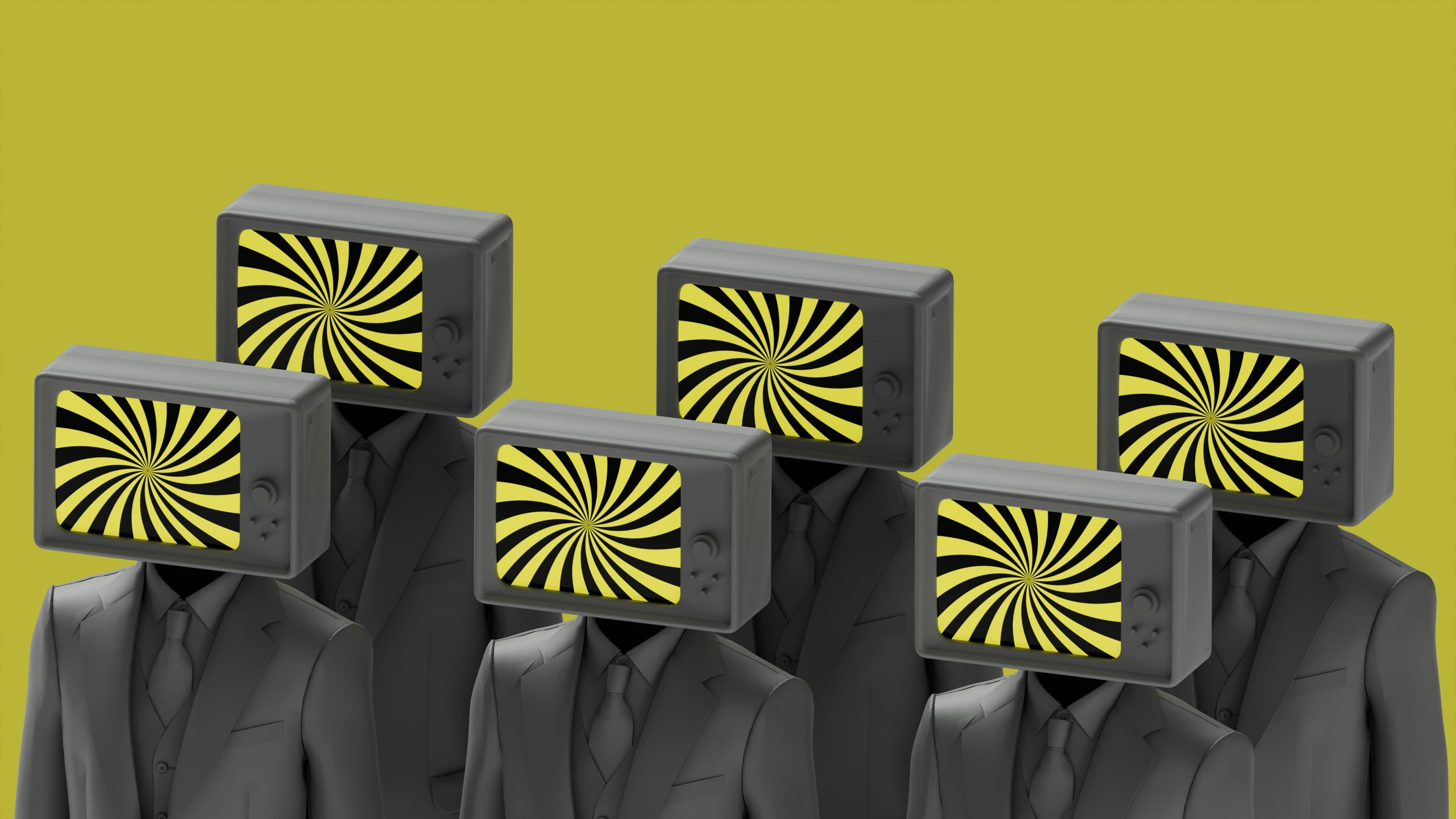 Rows of suited figures with television heads displaying identical hypnotic spirals