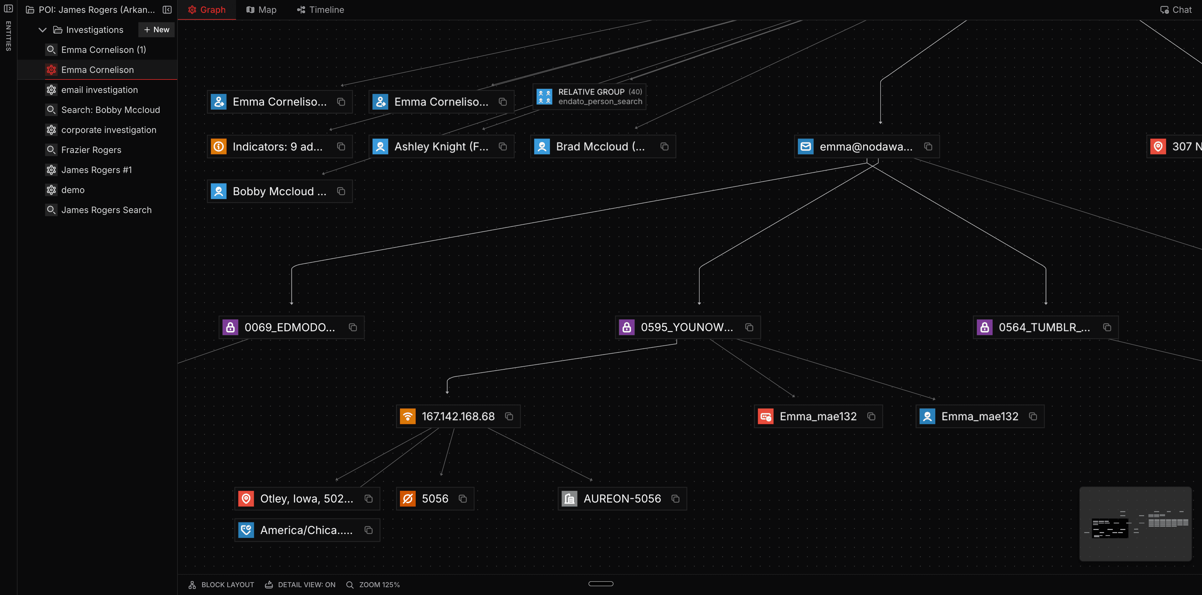 Intrace graph view showing entity connections and investigation transforms