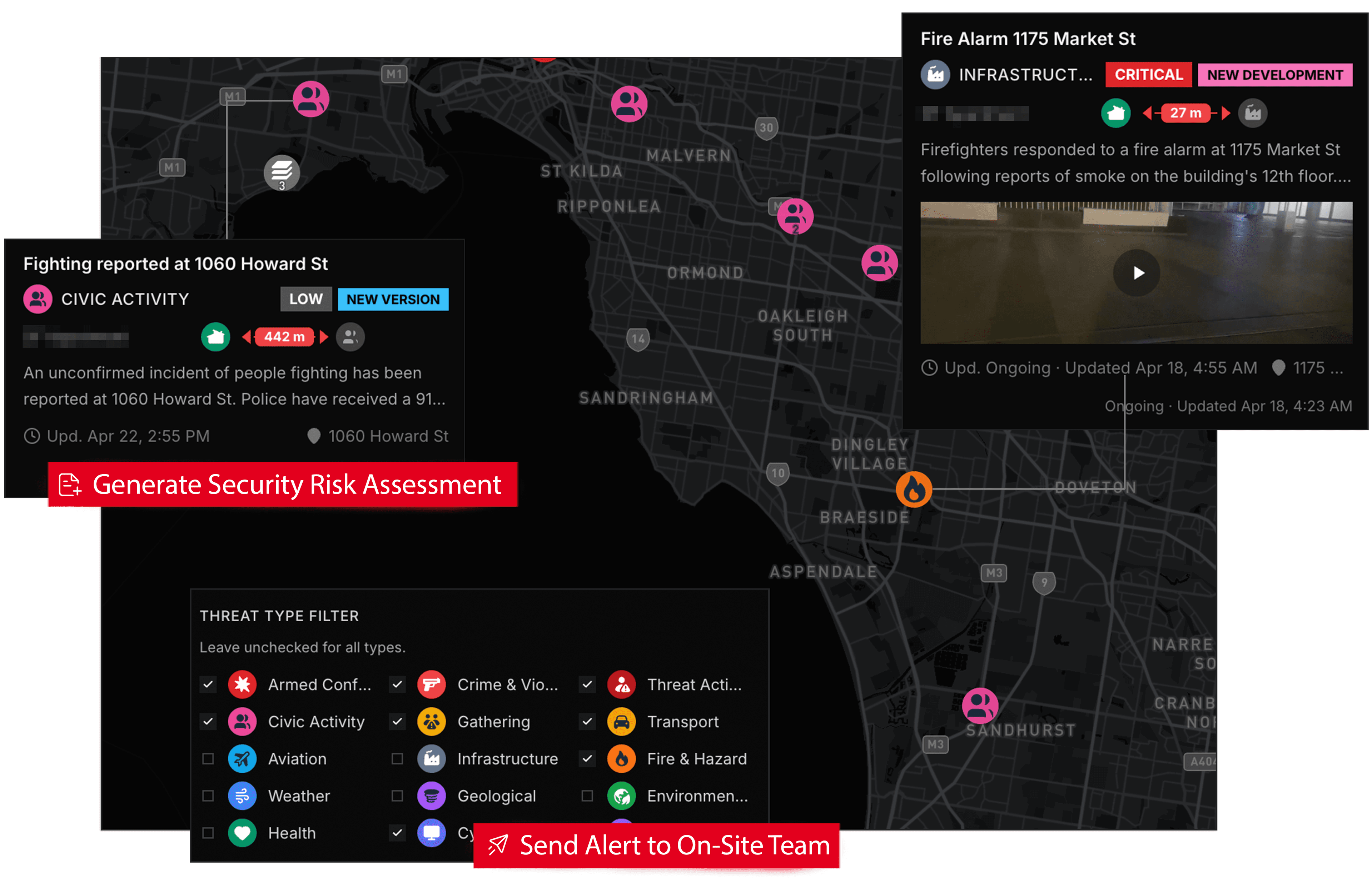 Physical risk intelligence map and event feed in Intrace