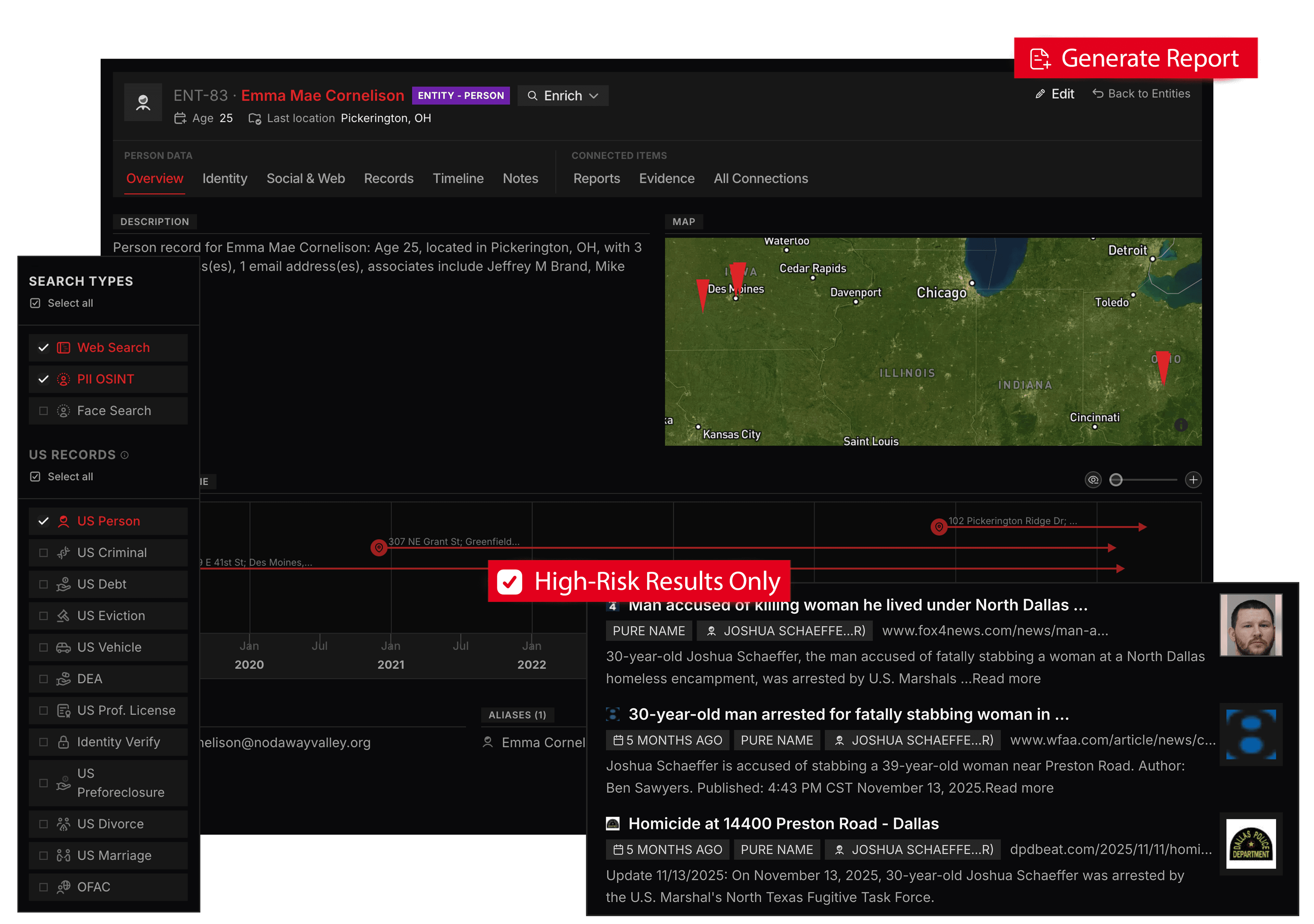 Intrace search results and entity profile UI