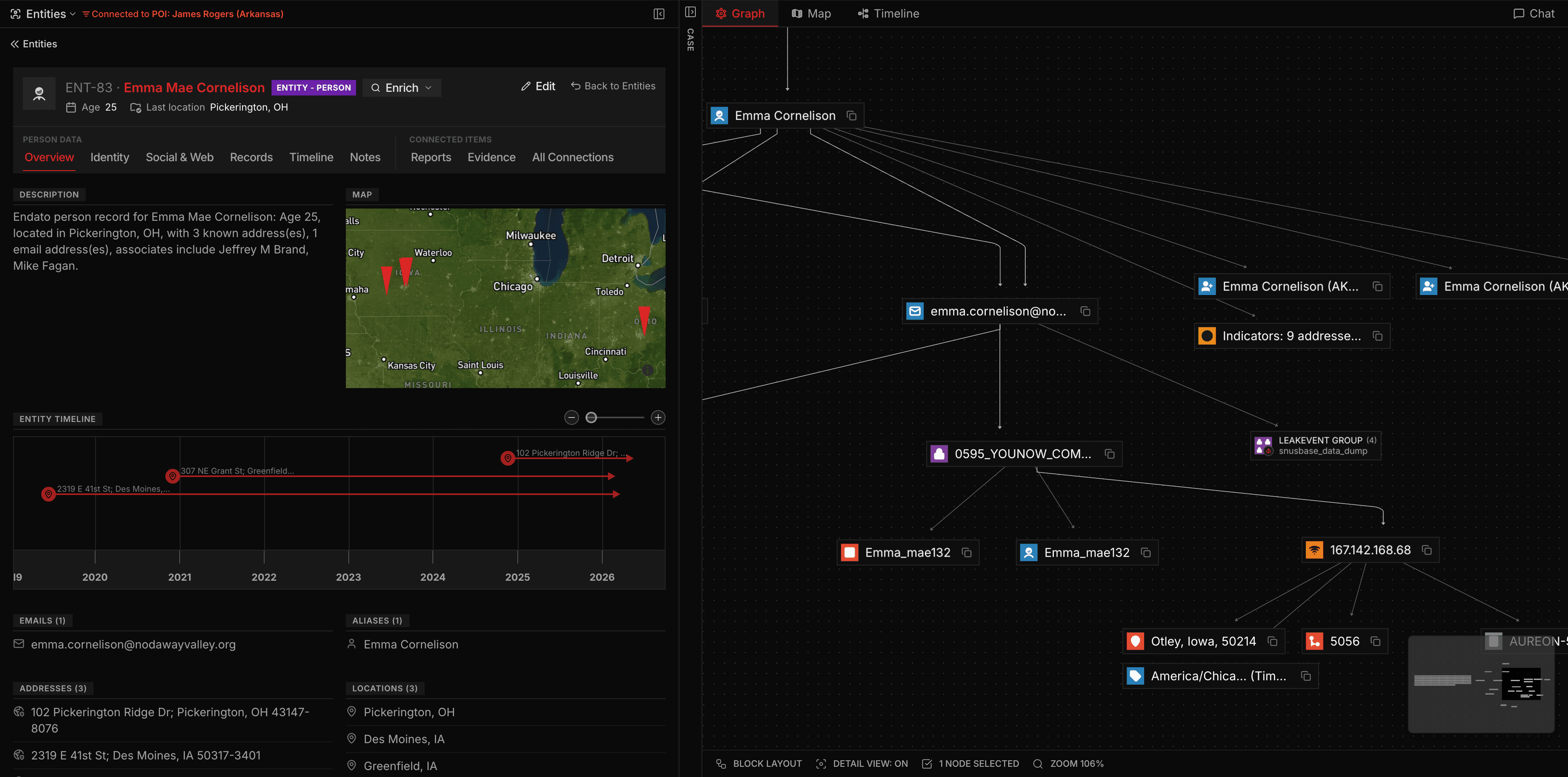 Intrace investigation workspace showing entity profile, connection graph, and timeline