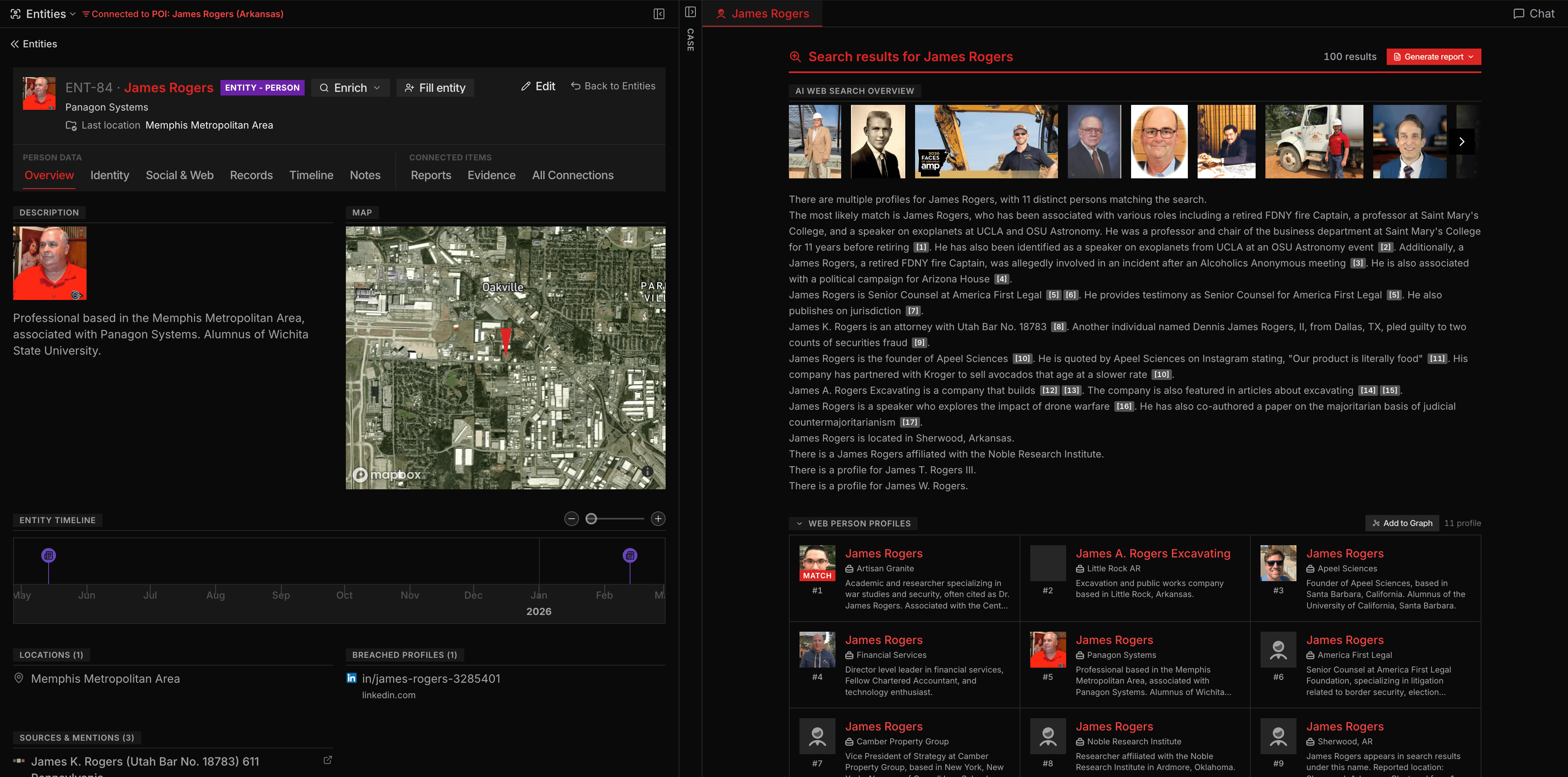 Intrace search results with AI overview and web person profiles