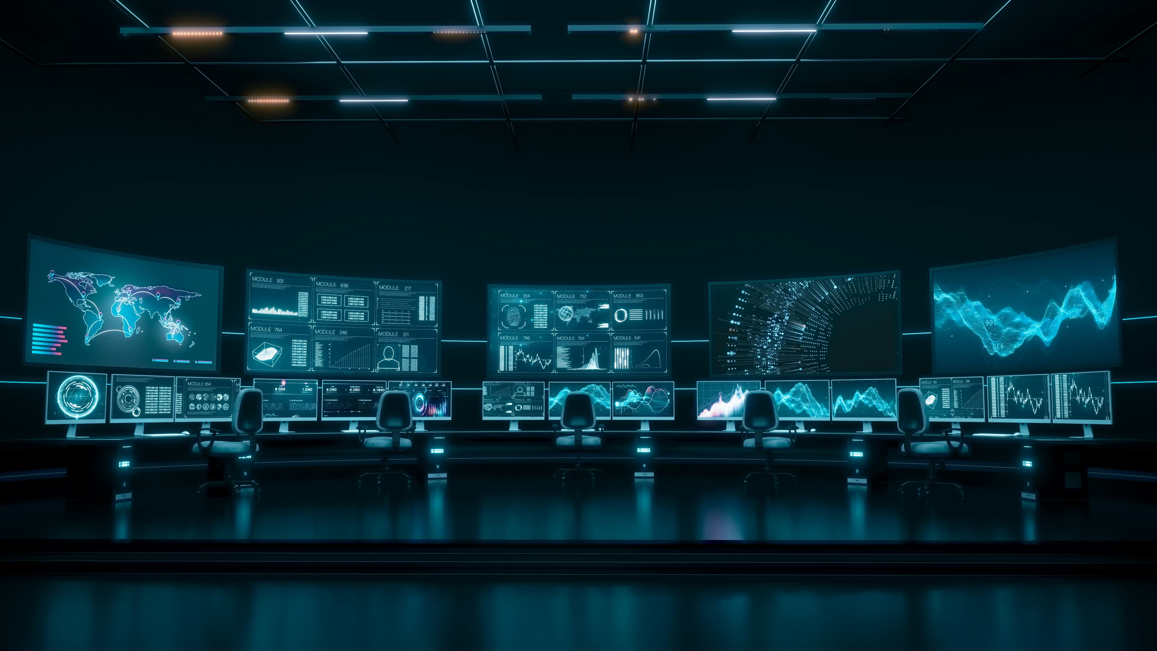 Security operations center with global monitoring dashboards and analyst workstations